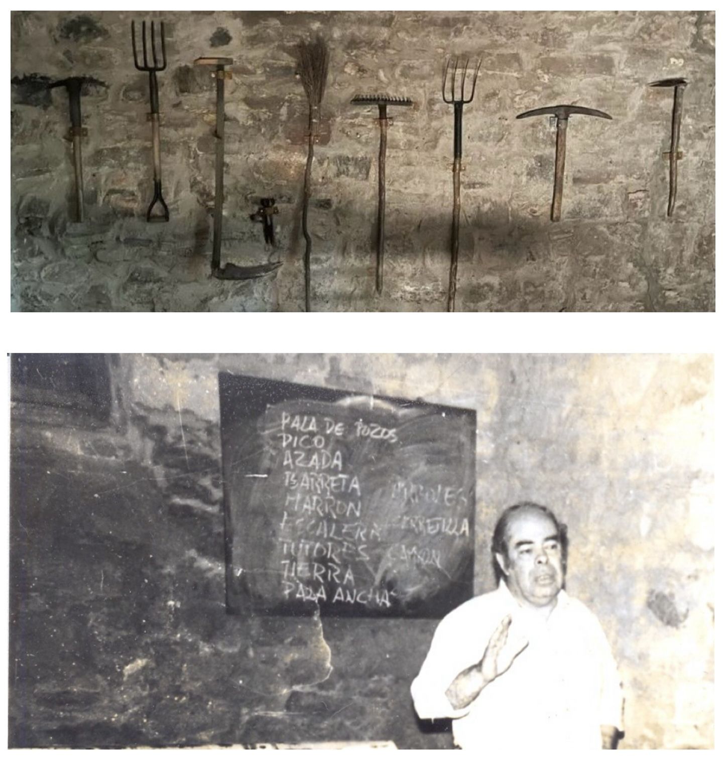 Colección de herramientas originales del Parque. Prof. Julio Muñoz en la clase que enseña sus usos.